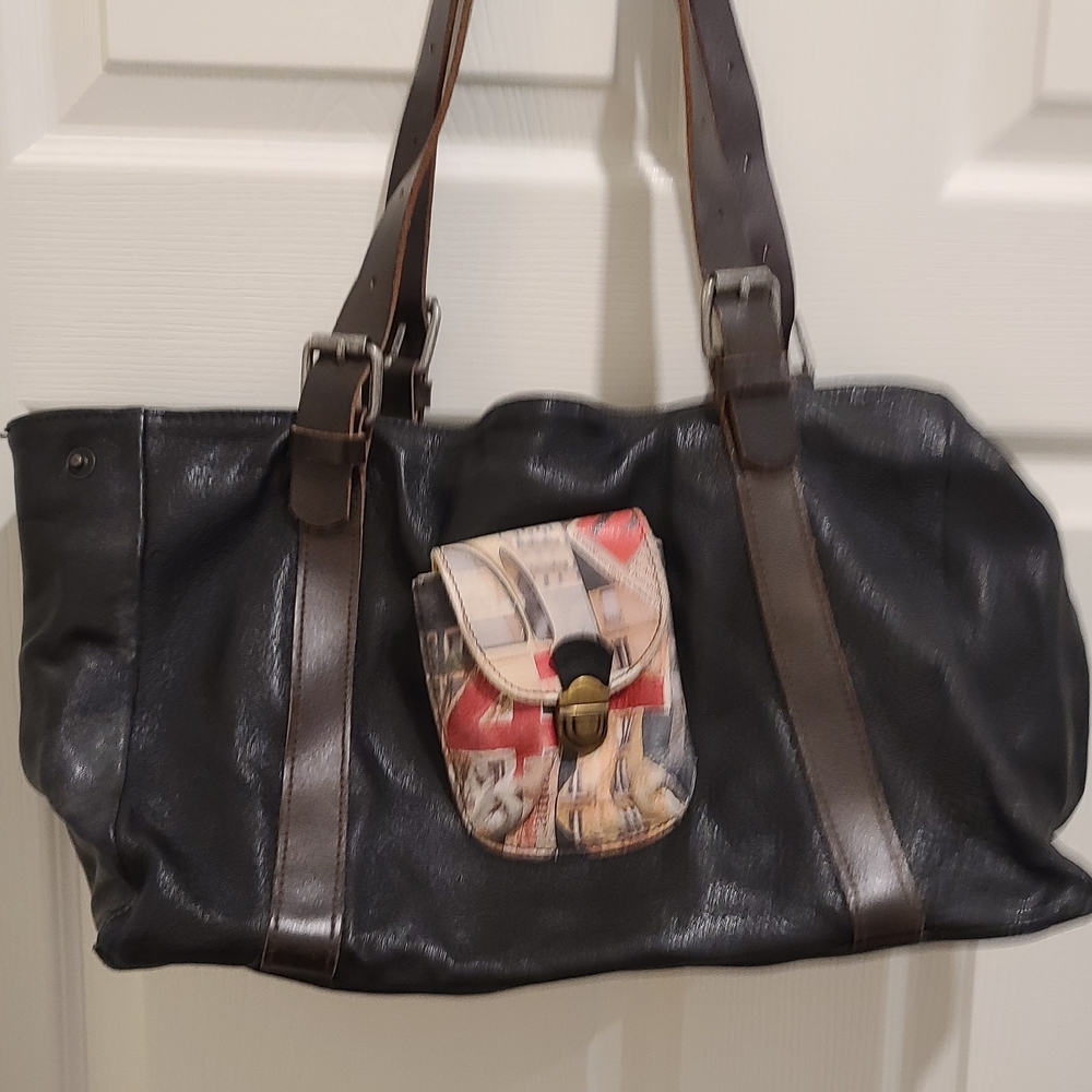 Black Leather Shoulder Bag with Brown Straps and Printed Accent